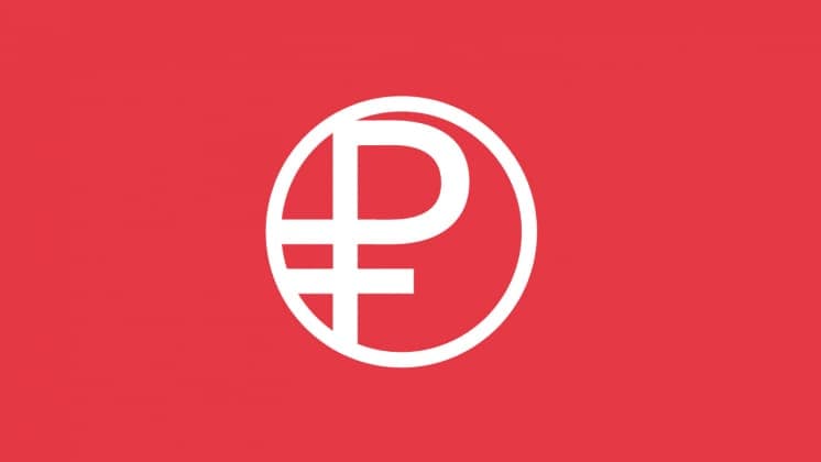 The image presents a striking contrast of white and red. Dominating the center of the image is a white circle, which is split into two halves. The left half of the circle is adorned with the Russian ruble symbol, a stylized "��" with a currency symbol replacing the "��". The right half of the circle is empty, providing