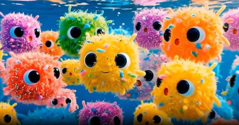 The image depicts a lively underwater scene filled with a multitude of colorful, fuzzy, and round creatures. The creatures, which appear to be some type of marine life, are scattered throughout the frame, with some swimming towards the surface and others swimming away. They are predominantly yellow, orange, pink, and p