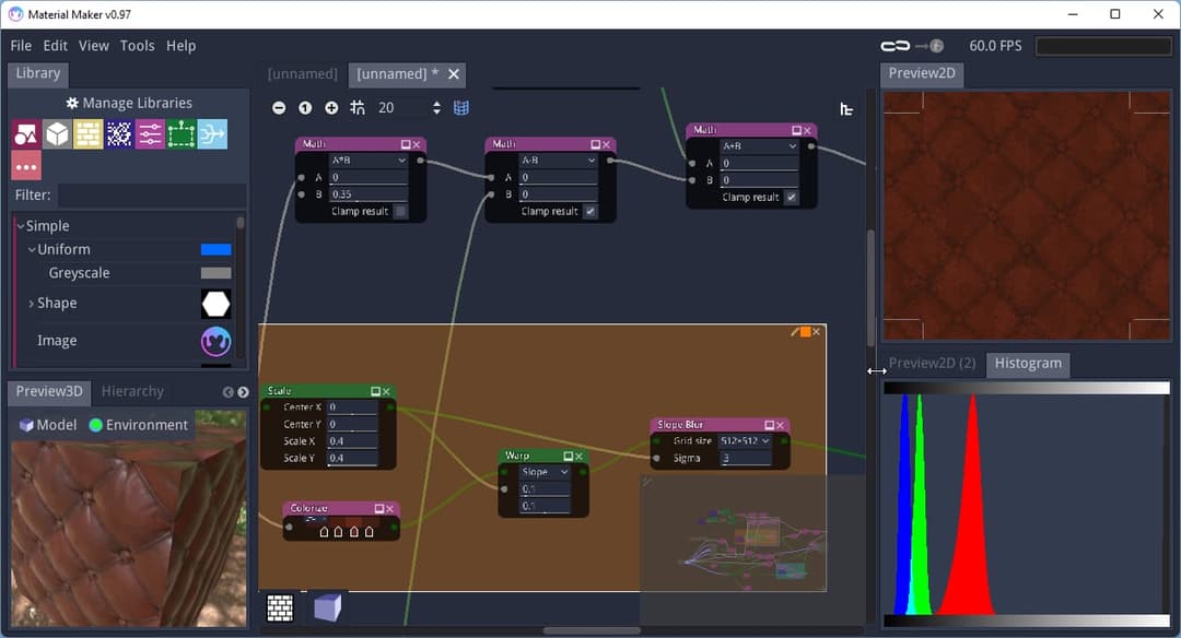 The image shows a screenshot of a software interface, likely a game development environment, with a dark blue background. The interface is organized into a grid of windows, each with a title bar and a menu bar. The leftmost window is titled "Preview3D" and displays a preview of a 3D model. The center window is titled "