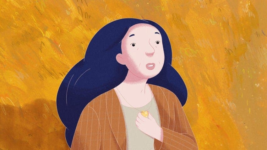 The image depicts a young woman with long, dark blue hair as the central figure. She is wearing a brown cardigan over a light beige or cream-colored top and a gold necklace. Her gaze is directed upwards and to the left, and her mouth is slightly open. The background is a vibrant yellow with a textured appearance, possi