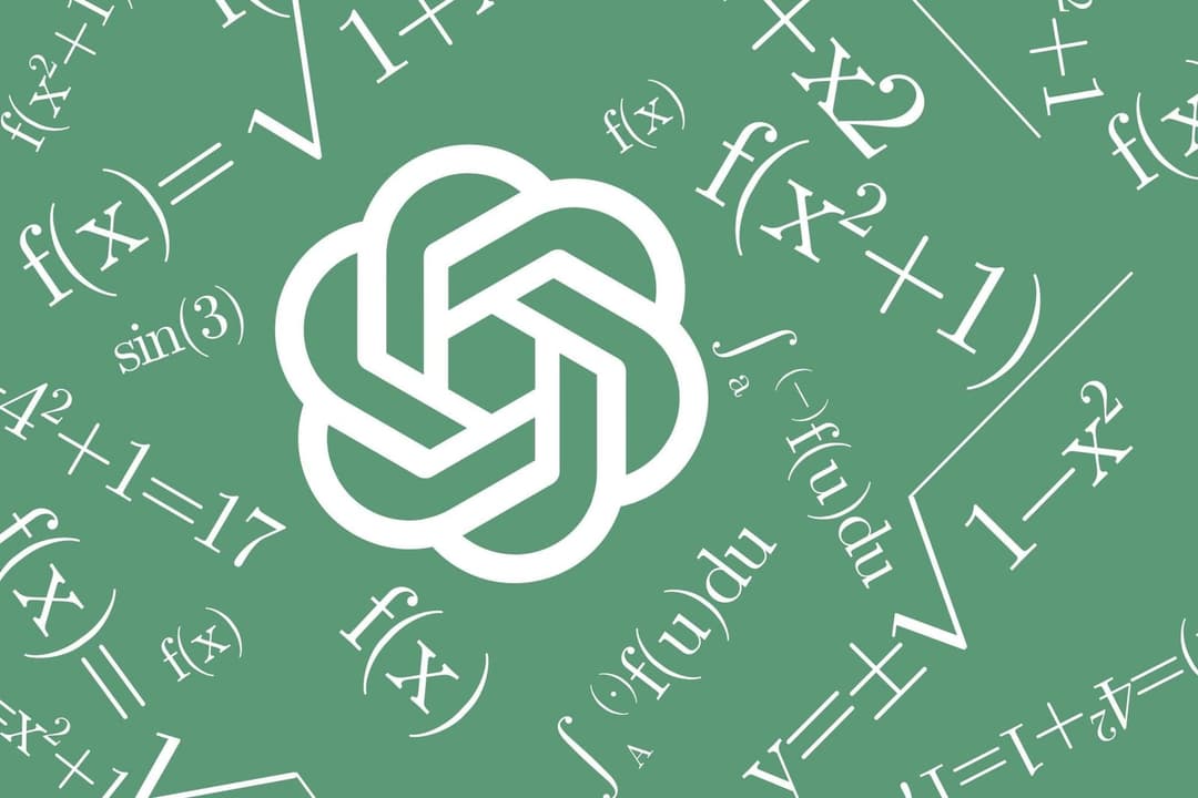 The OpenAI logo, a white interlocking knot shape, sits centered on a green background covered in white math formulas such as f(x), integrals, and quadratic expressions. The logo is the only brand mark visible.