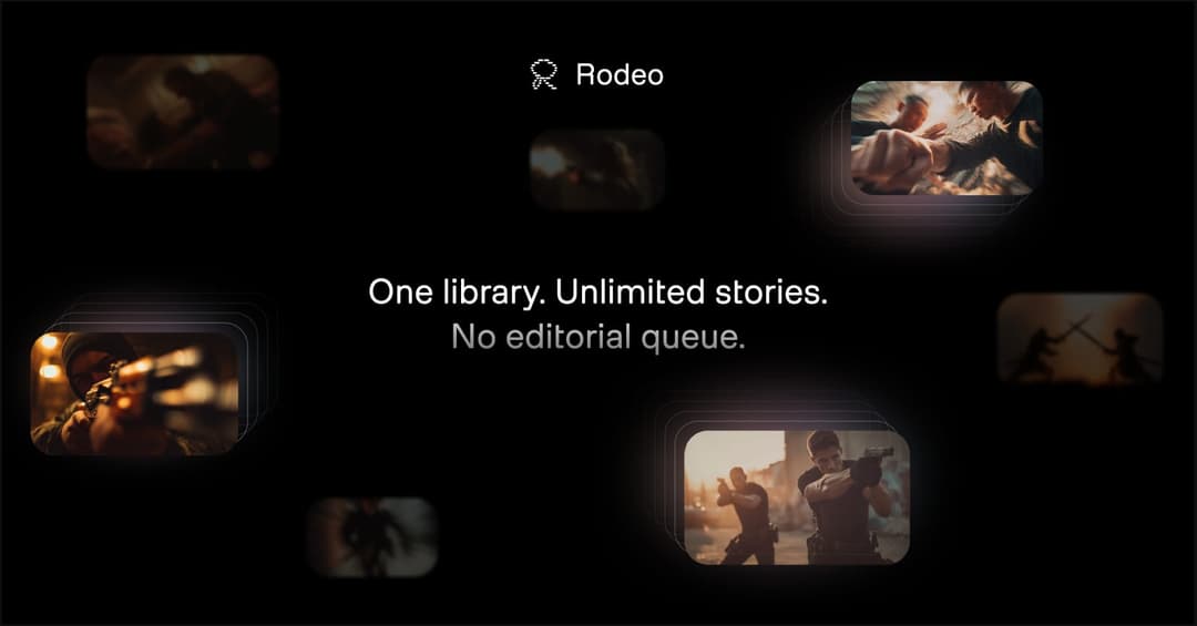 The image is a promotional graphic for the video game "Rodeo". The background is black, and the game's title, "Rodeo", is displayed in white text at the top. The text also includes the phrase "One library. Unlimited stories. No editorial queue." The image features a collage of six smaller images, each depicting a diffe