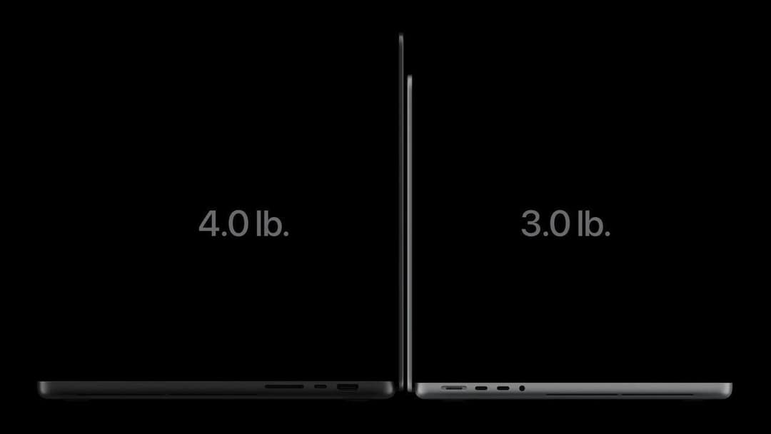 Two closed-side profile laptops stand side by side on a black background, labeled "4.0 lb." on the left and "3.0 lb." on the right. The left model has an SD card slot and an HDMI port, and the right model has only USB-C ports and a headphone jack.