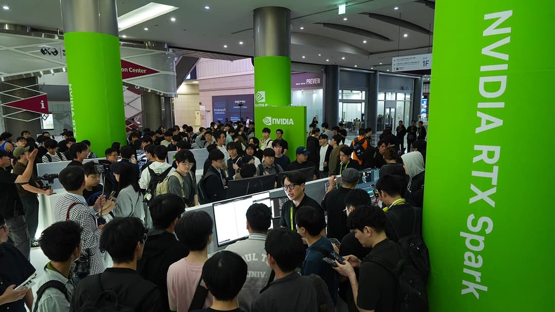 The image captures a bustling scene at a technology conference, likely held in a large indoor venue. The main focus is a large crowd of people, many of whom are wearing dark clothing, gathered around a central area. The area is dominated by green columns and banners, with the prominent text "NVIDIA RTX Spark" displayed