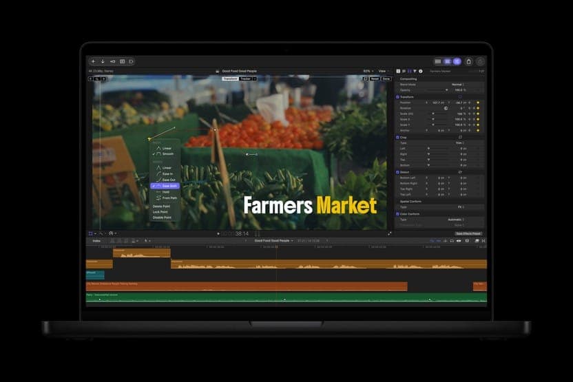 A MacBook Pro displays a video editing app showing a produce market scene with the yellow-and-white title "Farmers Market" and a keyframe interpolation menu (Linear, Smooth, Ease In, Ease Out, Ease Both) open over the viewer. The inspector shows Compositing, Transform, Crop, and Distort controls.