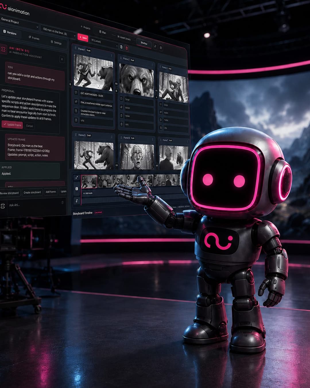 The image shows a robot standing on a stage, its hand extended as if presenting something. The robot is wearing a silver/grey suit with a pink visor and has a stylized "Q" logo on its chest. The stage is dark, with a pink and blue lighting effect. Behind the robot, a large screen displays a video editing interface, lik
