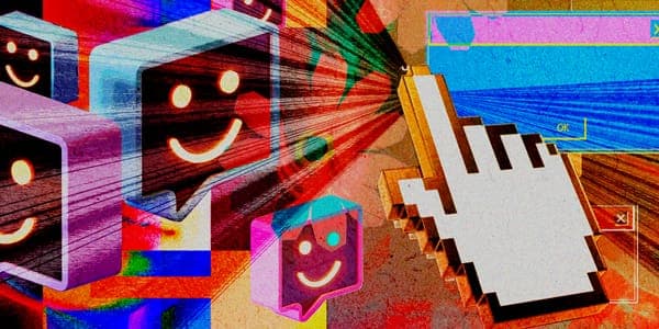 A collage illustration of smiling cube-shaped chat bubbles and a large white pixelated hand cursor clicking a small 'OK' button, in red, blue and yellow tones with a retro glitch texture.