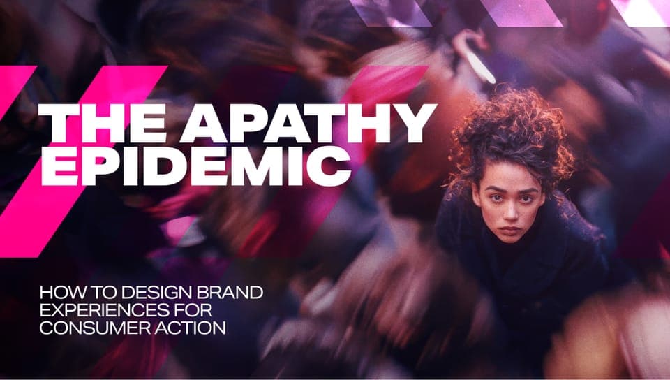The image is a vibrant digital advertisement for a brand called "The Apathy Epidemic". The background is a blurred image of a crowd of people, creating a sense of movement and energy. The text "The Apathy Epidemic" is prominently displayed in white, with a pink diagonal line running across it. Below this, the text "How