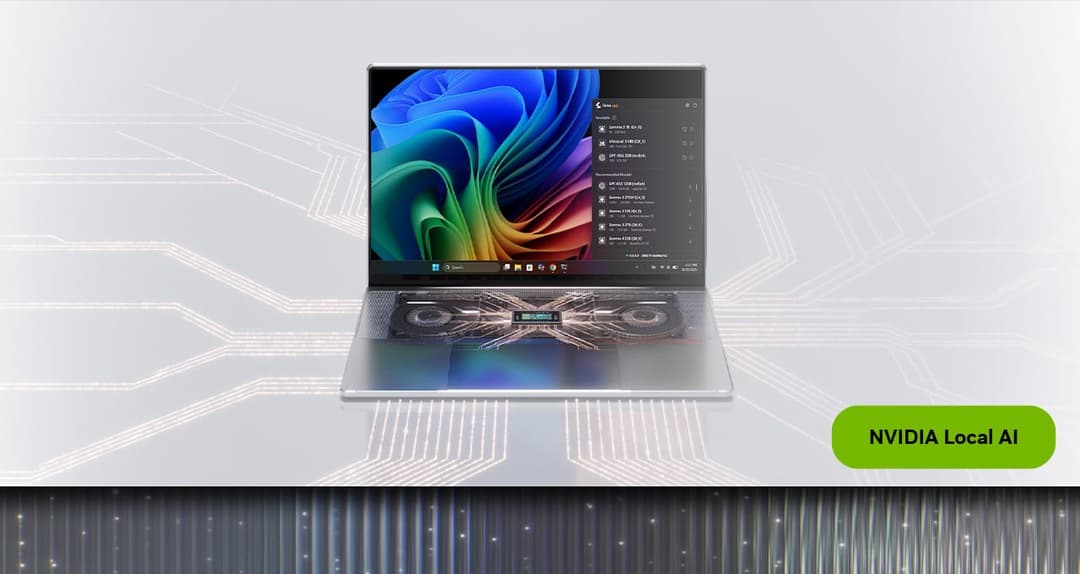 The image shows a laptop computer with a vibrant, abstract design on its screen. The laptop is positioned centrally and is the main focus of the image. The screen displays a colorful, abstract design with a gradient effect. The laptop's keyboard is visible, and the screen is lit up, suggesting it is in use. The laptop