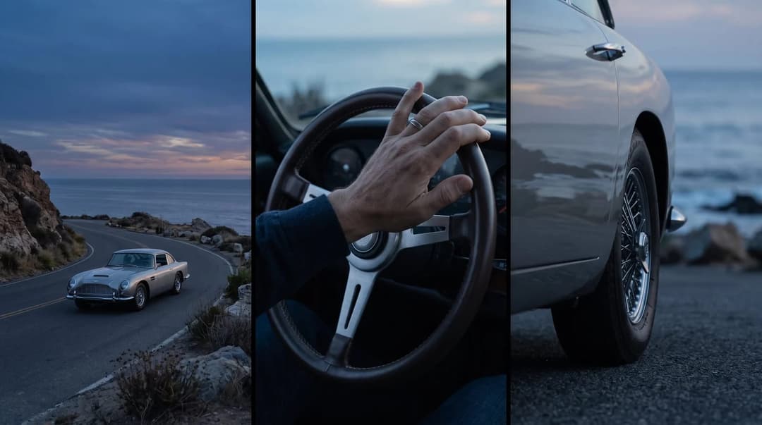 The image is a triptych, a three-part composition, featuring a silver Aston Martin sports car driving on a winding road near the ocean. The car is captured from a slightly elevated perspective, showcasing its sleek design and the road it is traveling on. The left panel shows the car in motion, with the ocean and a rock
