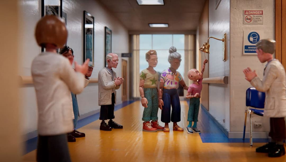 The image depicts a lively scene in a hospital hallway. Six toy figures, dressed in various outfits, are engaged in a playful interaction. Two figures are clapping, while others are standing and observing. The hallway features a blue and white color scheme, with a blue carpet and a white wall. A sign on the wall indica