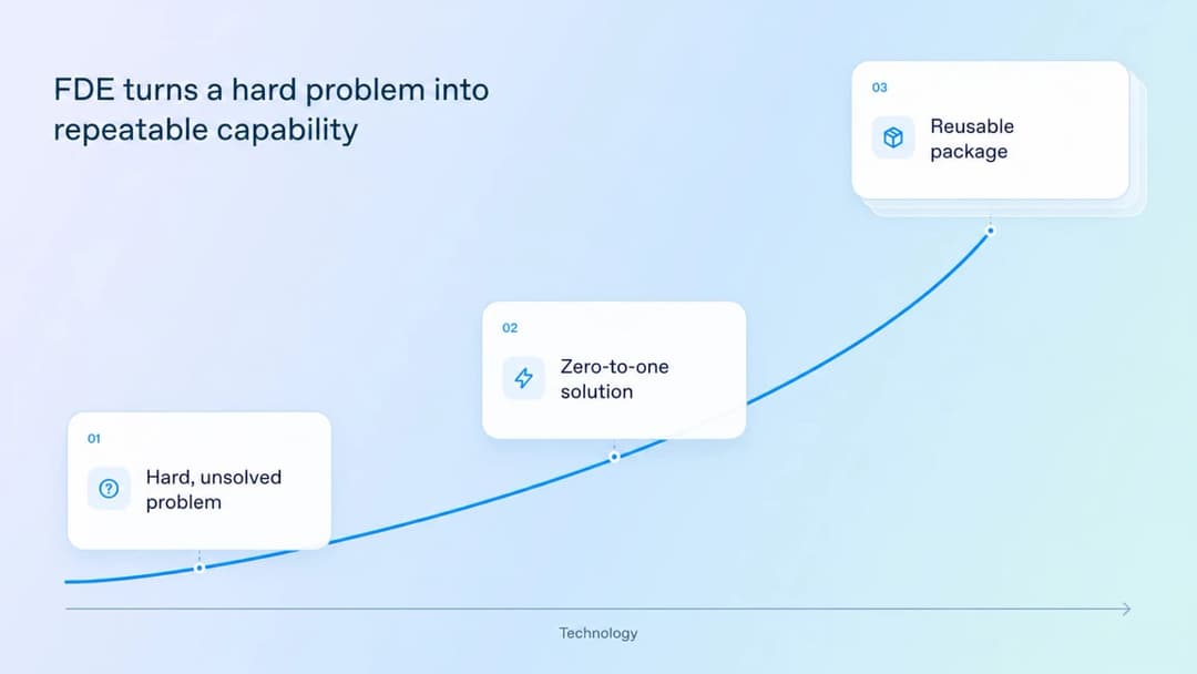 A slide titled "FDE turns a hard problem into repeatable capability" shows a rising blue curve with three cards along it: "01 Hard, unsolved problem", "02 Zero-to-one solution", and "03 Reusable package", with the x-axis labeled "Technology".