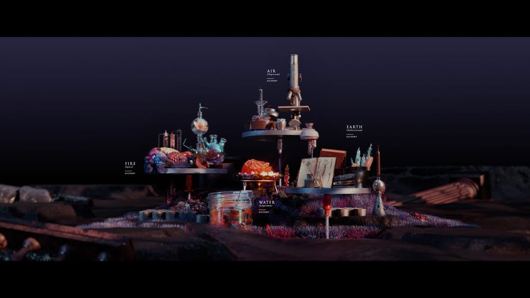 The image presents a surrealistic scene set against a dark, possibly rocky, landscape. A central structure, resembling a laboratory or alchemist's workshop, is composed of various objects, including a telescope, a flask, a cauldron, and a book. The objects are arranged in a seemingly haphazard manner, creating a sense