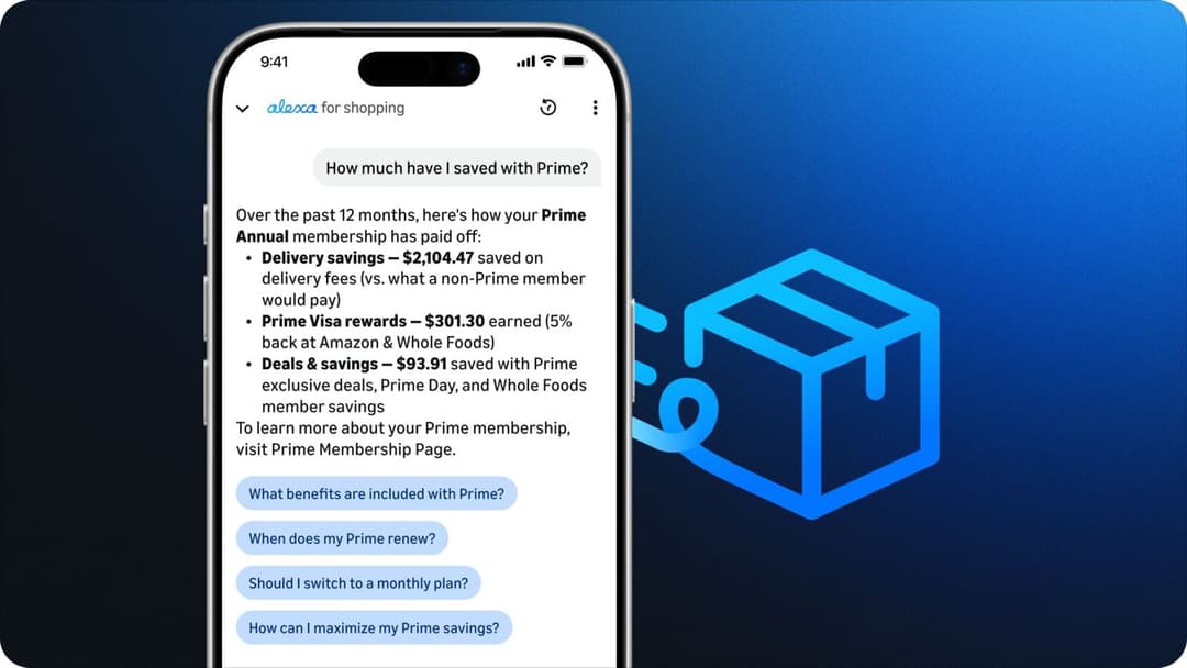 The image shows a smartphone displaying a message from the Prime Membership page. The phone's screen is illuminated, and the message is written in white text on a blue background. The message is titled "How much have I saved with Prime?" and includes details about the phone's annual membership, including $2,104.47 save