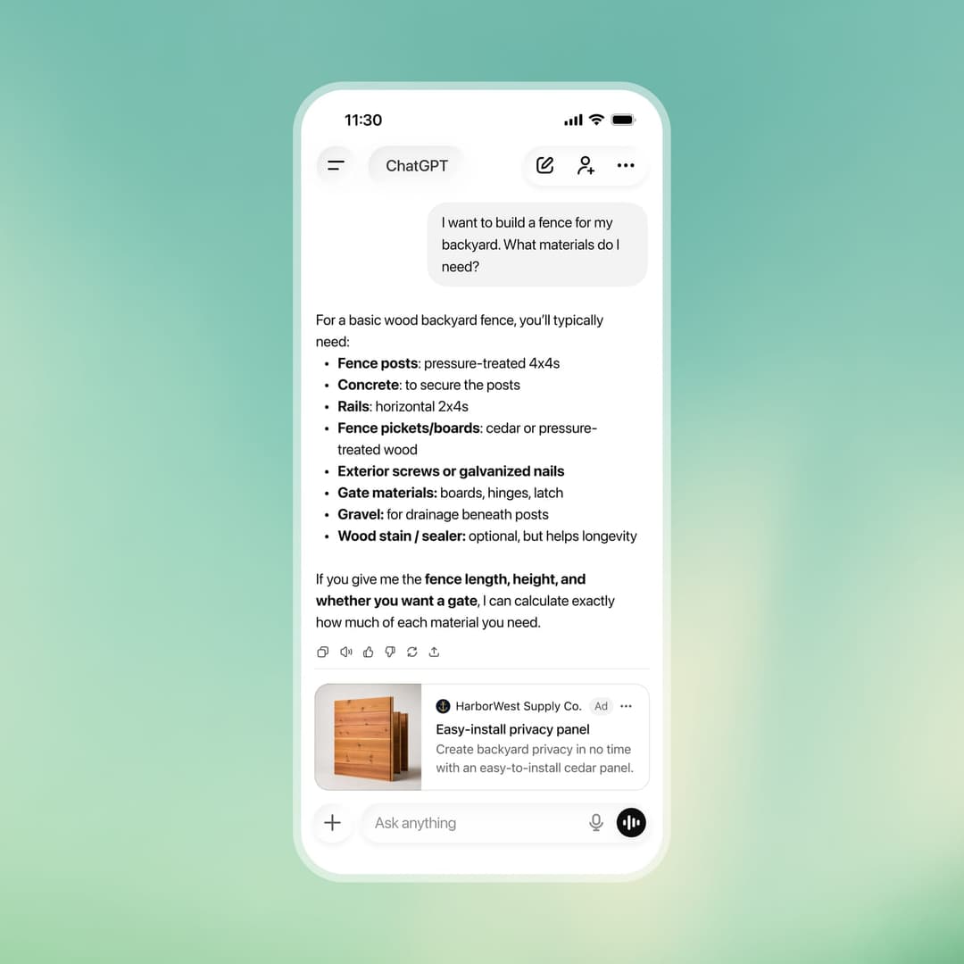 The image shows a smartphone displaying a chat conversation with ChatGPT. The chat conversation is about building a fence for a backyard. The user asks for materials and the chat history shows a list of materials including fence posts, concrete, rails, horizontal posts, treated wood, exterior screws, gate materials, gr