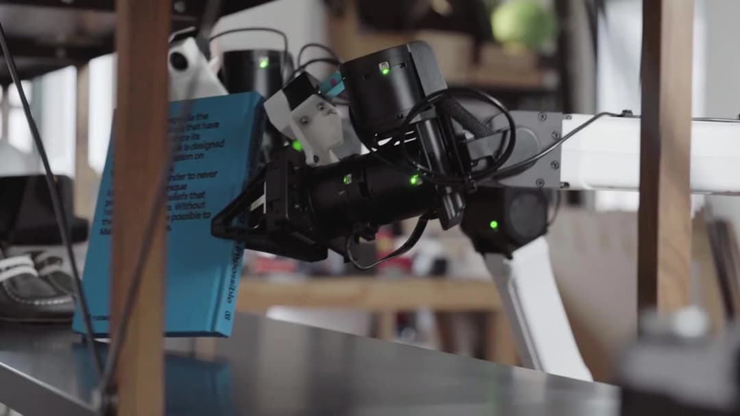 The image shows a white robotic arm with multiple black sensors and a black camera attached to it. The arm is positioned on a wooden table, with a blue book and a pair of black shoes visible in the foreground. The book has a blue cover and white text, and the shoes are black with white laces. The background is out of f