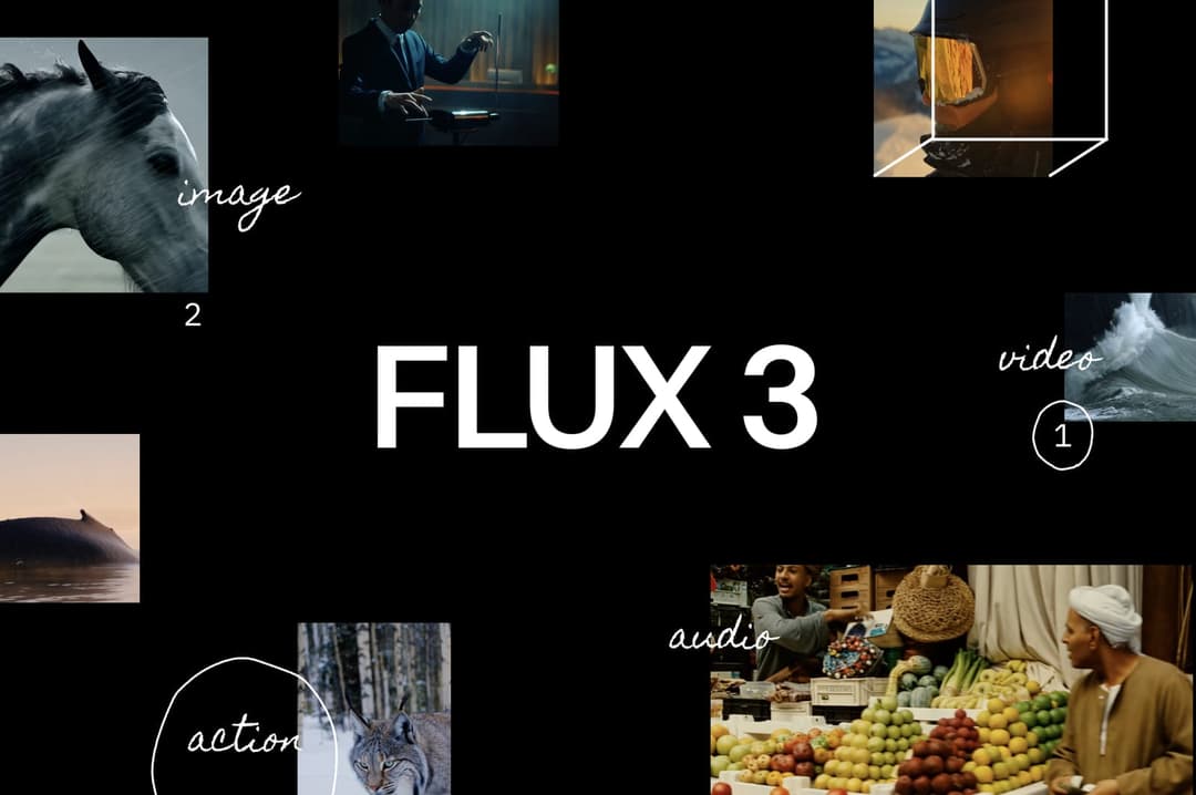 The image is a collage of nine distinct photos, arranged in a 3x3 grid against a black background. The photos are labeled with white text, including "image", "video", "action", "audio", and "flux 3". The top left photo shows a white horse, the top middle photo shows a person in a suit, the top right photo shows a perso