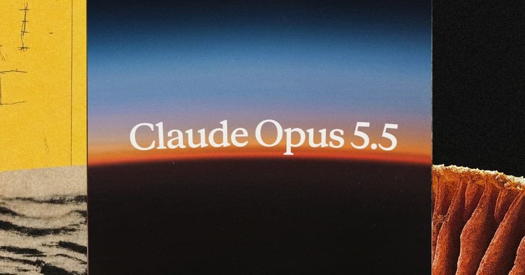 The image is a collage composed of three distinct sections. The central section features a dark blue/black background with a gradient of orange and blue, suggesting a sunset or sunrise. The text "Claude Opus 5.5" is written in white, centered on the image. To the left of the central section, a yellow section with a bla