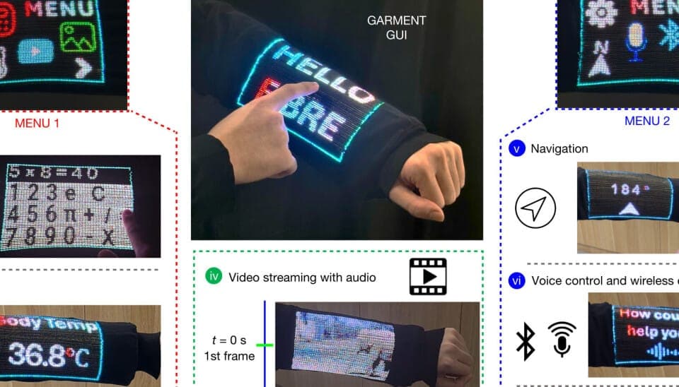 The image showcases a smart arm, likely a smartwatch or fitness tracker, with a black sleeve. The sleeve is adorned with a vibrant display of the word "HELLO" in a striking blue color, and a small video camera is embedded within the sleeve. The arm is also equipped with a built-in speaker and a Bluetooth connection. Th