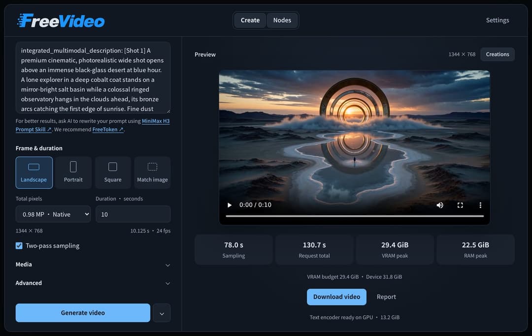 The image shows a screenshot of FreeVideo, a video editing software. The software interface is dark blue, with a white header displaying the FreeVideo logo. The left side of the screen shows a preview window with a title bar that reads "Preview". The right side of the screen displays a video preview window with a title