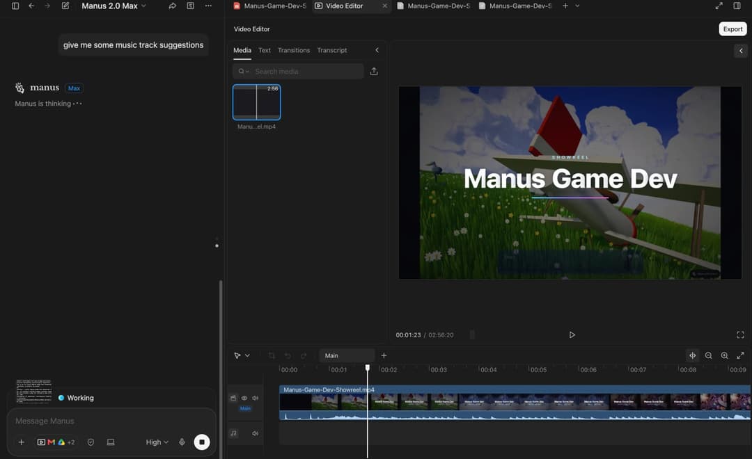 The image shows a video editing interface, likely from a game development project, with a dark background. The main focus is a video player window displaying a video titled "Manus Game Dev" with a subtitle "Showreel". The video player window includes a timeline with a time of 00:01:53.26, and a preview window showing a