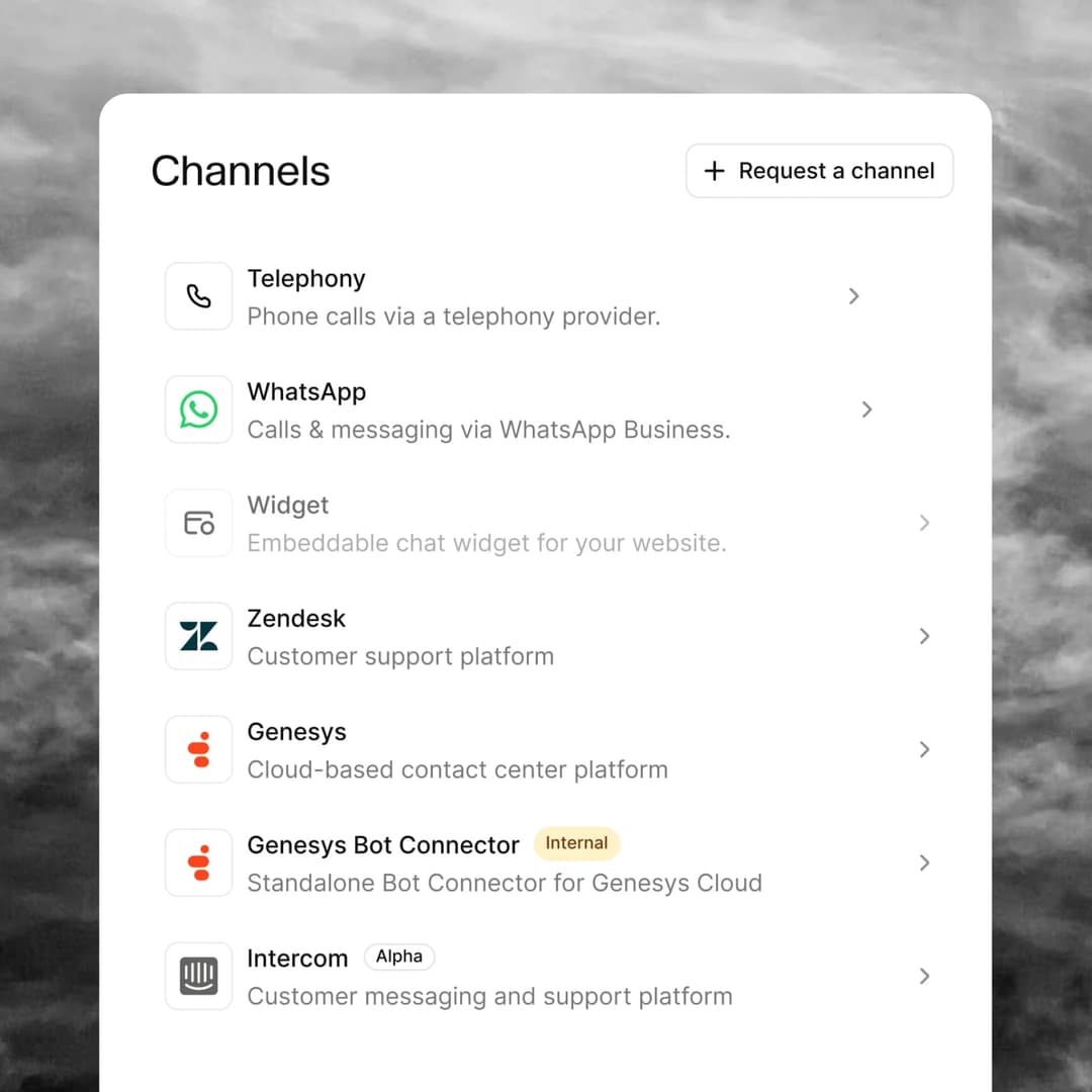 The image presents a screenshot of a mobile app interface, likely for a messaging app, displaying a list of channels. The top of the screen shows a search bar with the text "Channels". Below the search bar, there are five channels listed, each with a unique icon and name. The channels are: Telephony, WhatsApp, Widget,