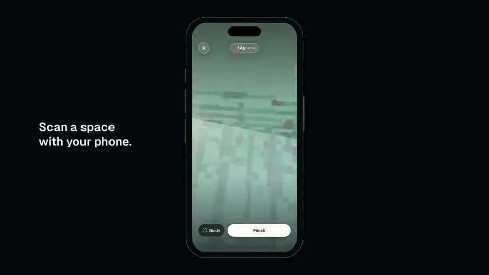 A dark promotional frame shows a phone mockup with a blurry green-tinted camera view of a space, a "14s" recording timer, and "Guide" and "Finish" buttons, with the caption "Scan a space with your phone." on the left. No brand logo is visible.