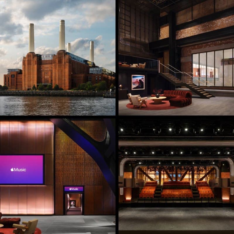 The image is a collage of four distinct scenes. The top left scene depicts the iconic Battersea Power Station in London, England, with its distinctive smokestacks rising above the cityscape. The top right scene shows a modern, industrial-style interior with a high ceiling, exposed brick walls, and a large window. The b