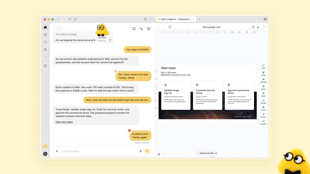 The image shows a screenshot of a Slack chat window displaying a conversation between Alfred, the owner of Alerter, and the account team. Alfred is discussing the proposal for Alerter's 750 seats instead of 500, which would bring the proposal to $380k a year. The proposal includes three key elements: a single sign-on s