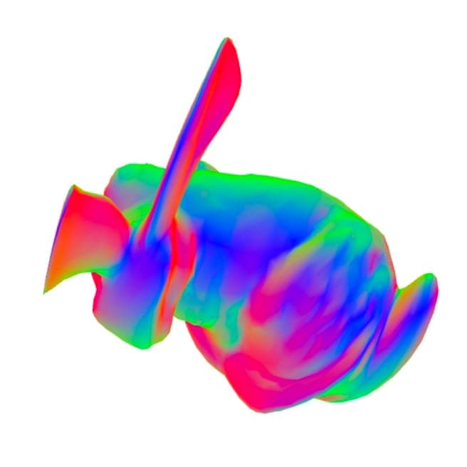 The image presents a 3D rendering of a stylized hand, rendered in a vibrant spectrum of colors including red, blue, green, and yellow. The hand is oriented with the palm facing downwards and the fingers slightly curled inwards. The hand is depicted in a dynamic pose, with the fingers extended and the palm slightly curv