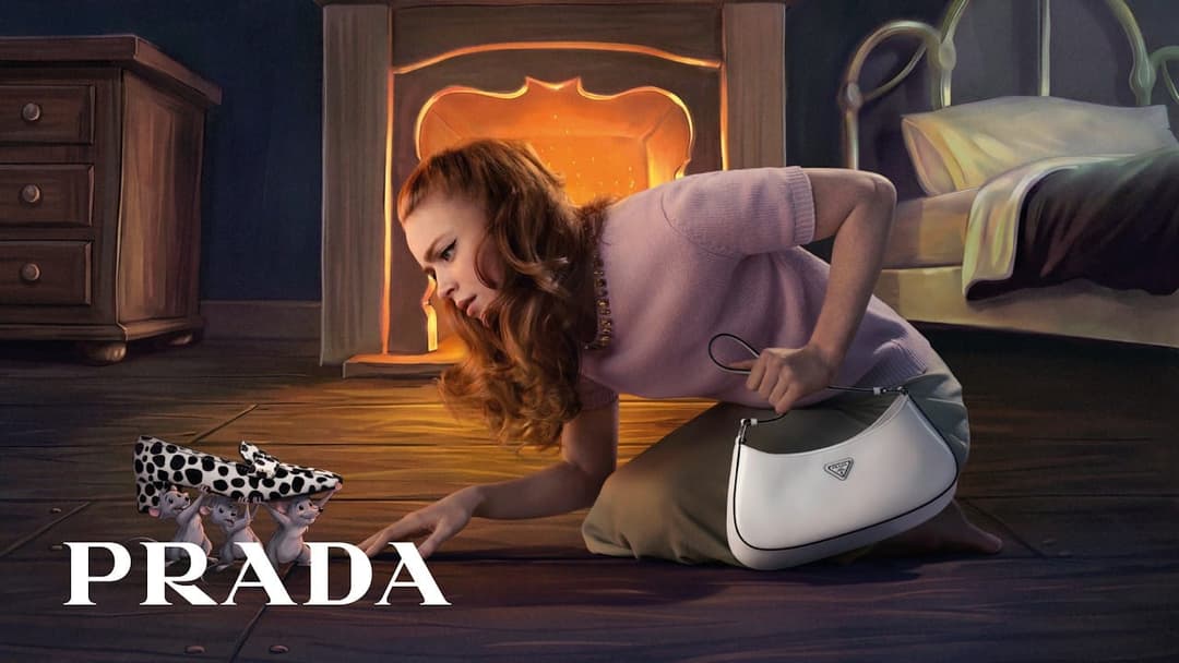 The same illustrated scene as the previous image, with the white serif word 'PRADA' added at the bottom left, so it reads as a Prada advertisement.