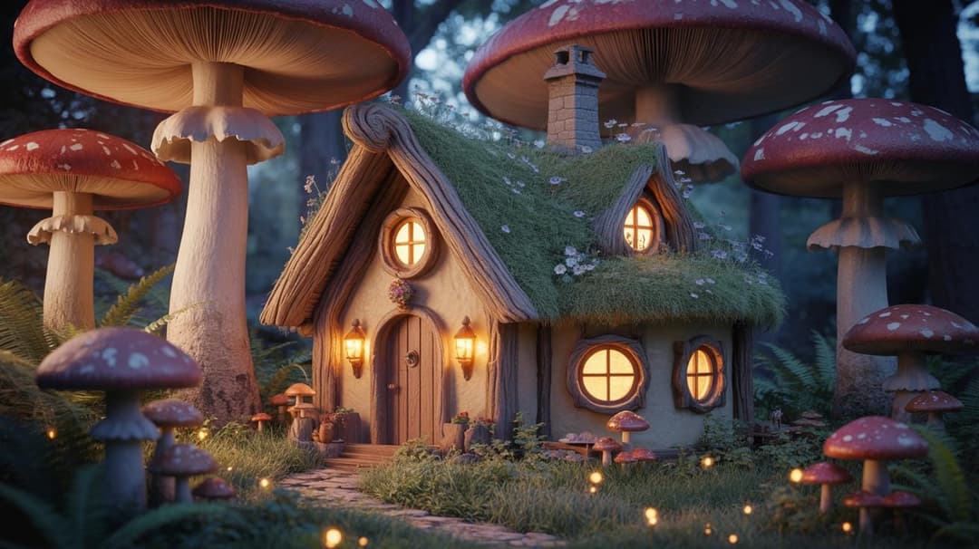 A cozy fairy-tale cottage with a moss-covered roof and glowing round windows, surrounded by giant red-capped mushrooms in a dim forest with floating light specks. No visible text or brand.