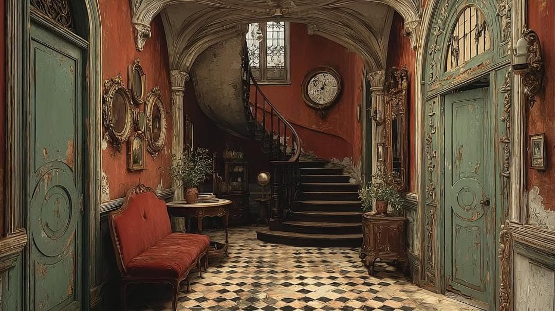 An ornate hallway with peeling teal and red walls, a curved wooden staircase, arched doorways, a round wall clock, an upholstered red settee and a black-and-white checkered marble floor. No visible text or brand.