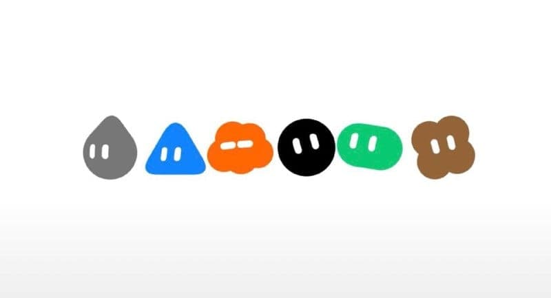 The image presents a row of six distinct shapes, each with a unique color and a simple, stylized face. The shapes are arranged in a horizontal line, with the first shape being a gray teardrop, followed by a blue triangle, a red cloud-like shape, a black circle, a green square, and a brown four-leaf clover. Each shape h