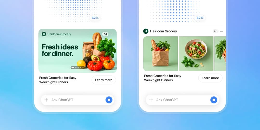 The image shows two mobile phone screens displaying advertisements for Heirloom Grocery and Heirloom Grocery. The Heirloom Grocery ad features a vibrant green background with the text "Fresh ideas for dinner." and a picture of a bag of fresh produce, including tomatoes, onions, and a loaf of bread. The Heirloom Grocery