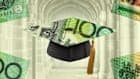 The image presents a graduation cap, adorned with a design that incorporates elements of Australian dollar bills. The cap, which is the central focus of the image, is positioned in the center and is tilted slightly to the right. It is made of a black material and features a gold tassel hanging from the side. The design