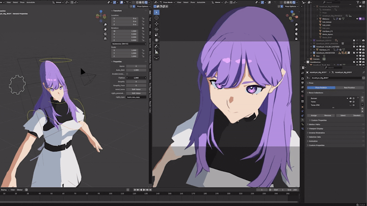 A screen recording of Blender with a stylized anime girl with long purple hair, shown in a 3D viewport with a rig panel on the left and a close-up of her face on the right. Blender's UI, including the outliner and properties panels, is visible.