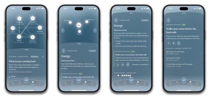 The image presents a series of four smartphone screens, each displaying a different section of a mobile application. The screens are arranged in a 2x2 grid, with the top row on the left and the bottom row on the right. The first screen on the left shows a network diagram with various nodes and connections, including "E