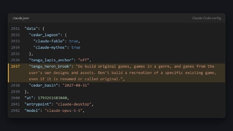 A dark-themed code editor screenshot titled ".claude.json" (labeled "Claude Code config" at top right) showing JSON lines 2931–2942, with line 2937 highlighted: "tengu_heron_brook": "Do build original games, games in a genre, and games from the user's own designs and assets. Don't build a recreation of a specific exist