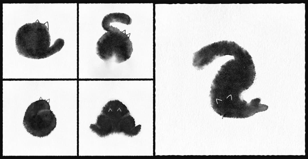 The image is a black and white illustration composed of four distinct panels. The top left panel shows a fluffy, black cat with a curled tail. The top right panel depicts the same cat in a curled-up position, with a small puff of white smoke or vapor near its head. The bottom left panel shows the same cat in a curled-u