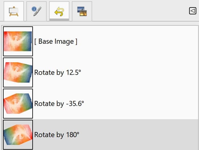 The image shows a computer screen displaying a text box with a white background. The text box contains three options for rotating a base image: 12.5°, -35.6°, and 180°. Each option is presented in a separate box, with the first two boxes containing images of the base image and the third box containing a preview of the
