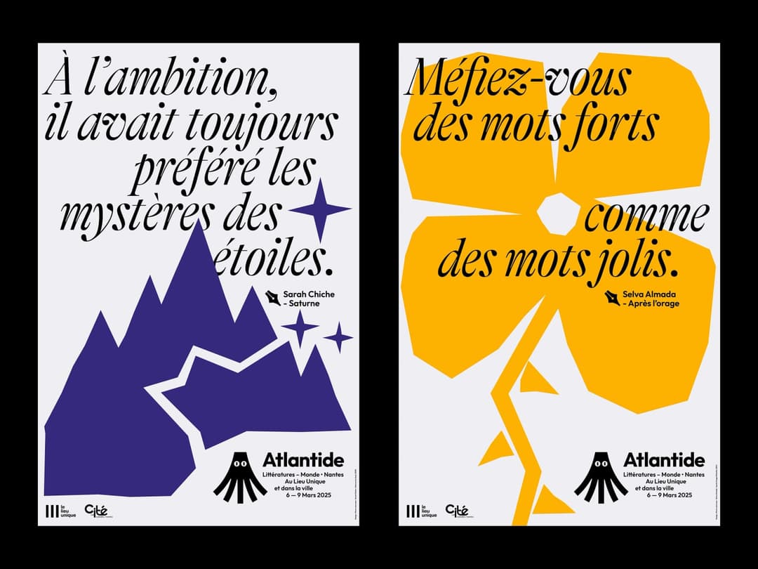 The image presents two distinct posters, each with a unique color scheme and design. The left poster features a blue mountain range with a starburst pattern, accompanied by the text "A l'ambition, il avait toujours preferre les mystères des ettoiles." The right poster showcases a yellow flower with a textured petal, ac