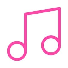 The image presents a single, isolated musical note, rendered in a vibrant shade of pink against a stark black background. The note is composed of two distinct circles, connected by a diagonal line that extends from the top left to the bottom right. The entire image is devoid of any other elements, with the musical note