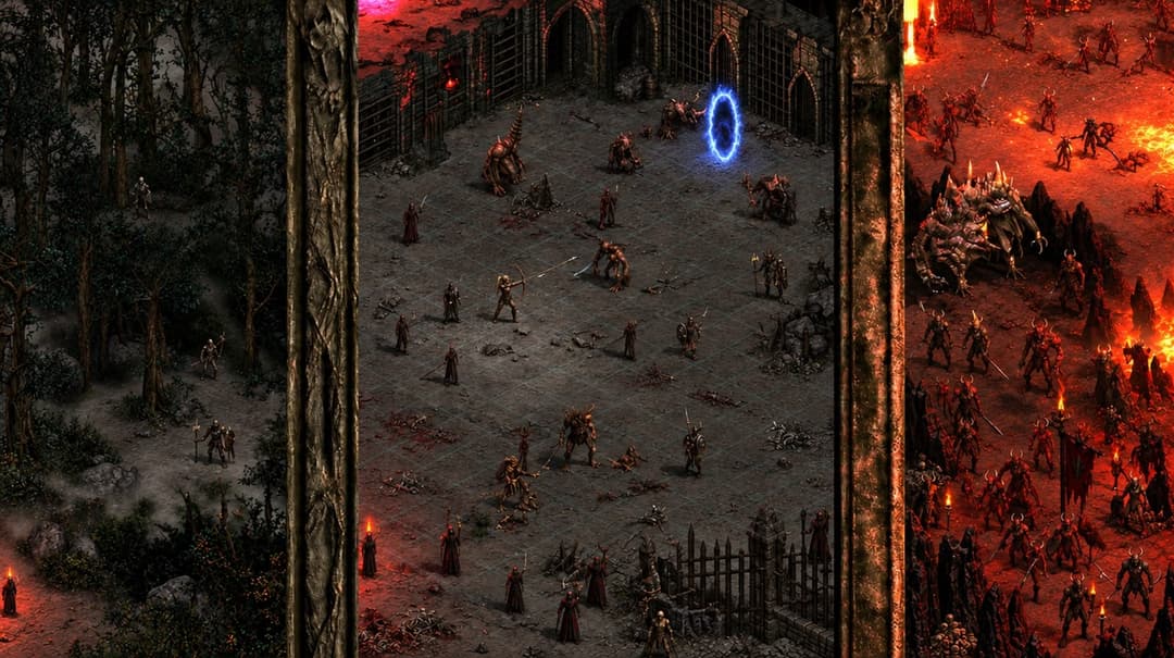 The image depicts a fantasy-style video game scene set in a courtyard. The courtyard is enclosed by a stone wall with a gate, and features a blue portal or gateway. The ground within the courtyard is a dark gray or black color, and is scattered with small, dark-colored figures that appear to be soldiers or warriors. So