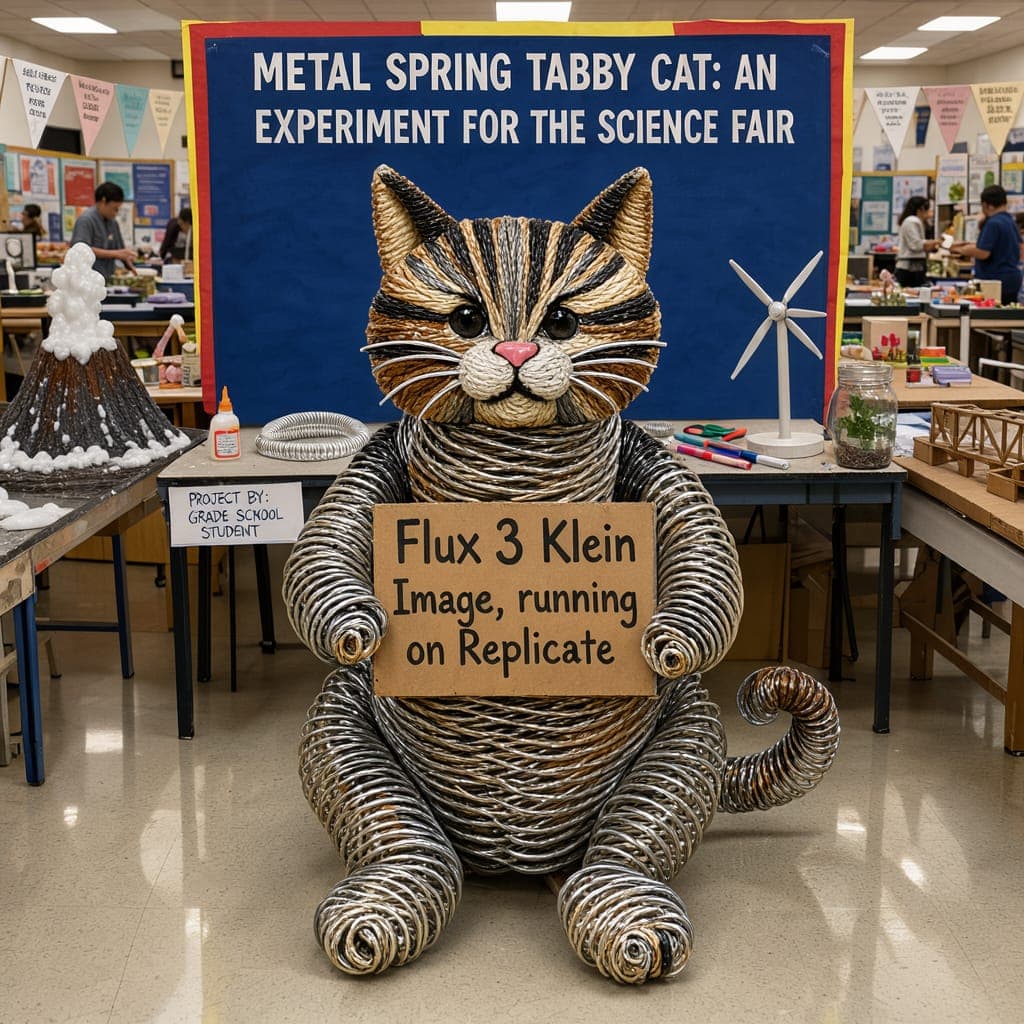 The image shows a metal spring tabby cat sculpture, crafted from a combination of wire and metal, sitting on a table in a classroom. The cat is holding a sign that reads "Flux 3 Klein Image, running on Replicate". The table is set up for a science fair, with a blue banner displaying the title "Metal Spring Tabby Cat: A