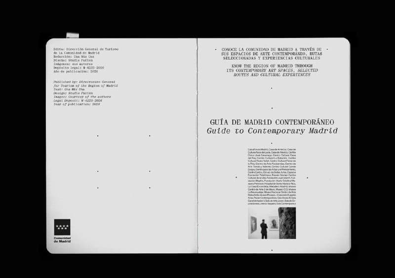 The image shows a double-page spread from a book titled "Guía de Madrid Contemporâneo: Guía to Contemporary Madrid". The left page features a black and white header with the title "Guía de Madrid Contemporâneo: Guía to Contemporary Madrid" and the subtitle "Edición Consejada General de la Comunidad de Madrid" (Editor's