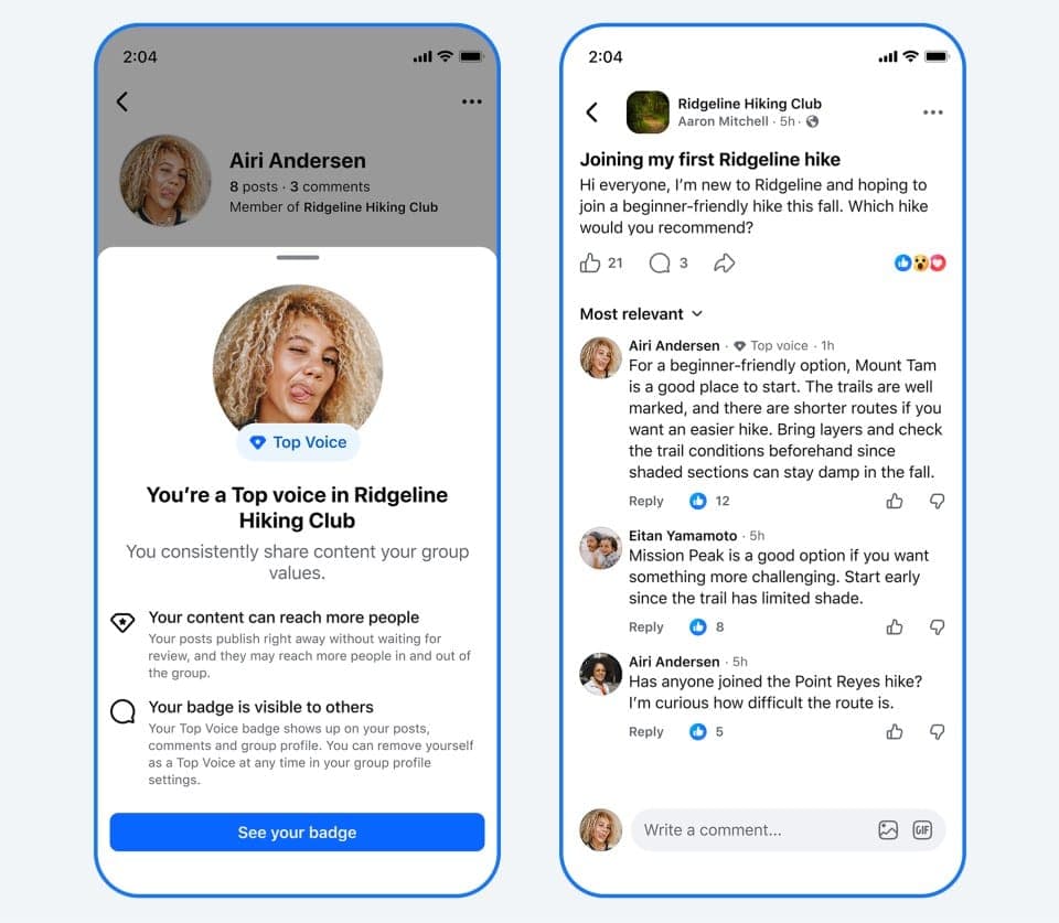 The image shows two smartphone screens displaying a conversation on a social media platform, likely Facebook. The left screen shows a profile of Airi Anderssen, a member of the Ridgeline Hiking Club, with a profile picture of a woman with curly hair. The right screen displays a message from Airi Anderssen, inviting oth
