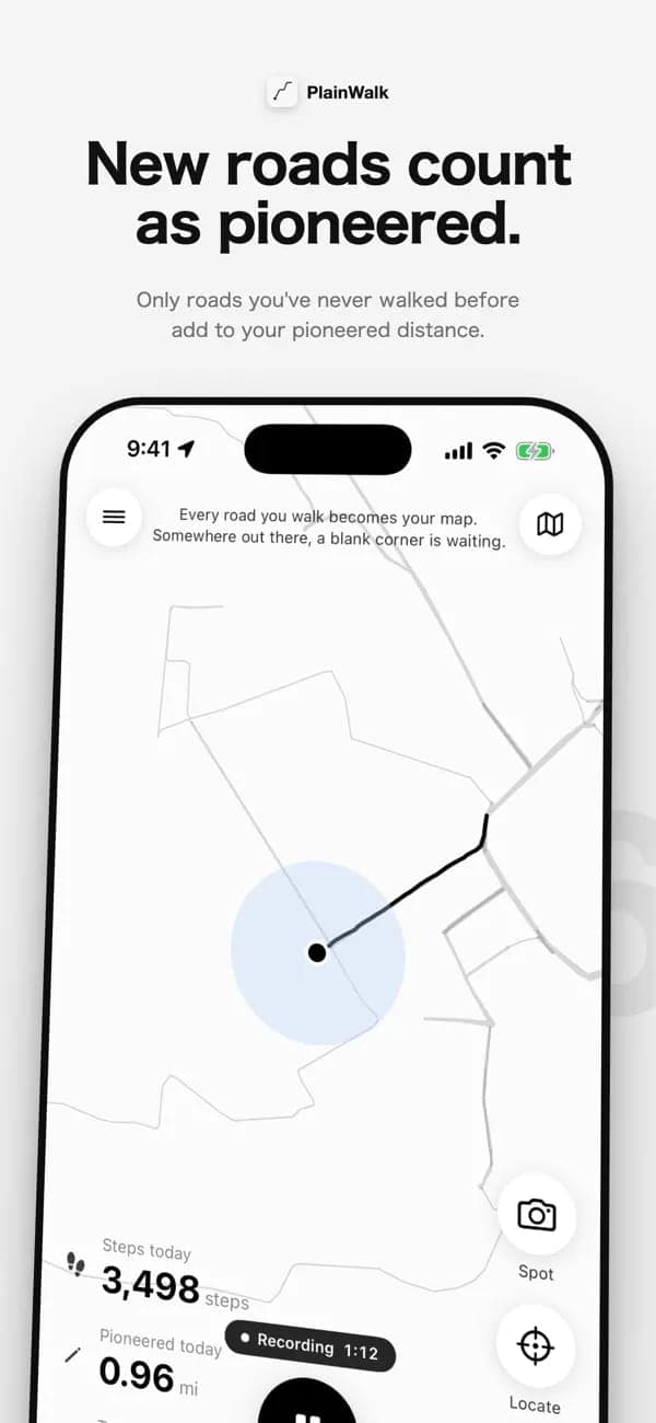 The image shows a smartphone displaying a map application called "PlainWalk". The top of the screen shows the time as 9:41 and the battery level at 100%. The map application is open, showing a simplified cityscape with a light blue circle in the center, possibly indicating a landmark or point of interest. The map is pr
