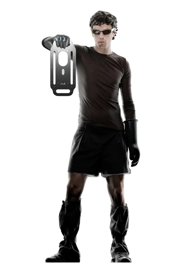 The image shows a man standing against a stark black background. He is dressed in a brown shirt, black shorts, and black boots. He is also wearing black gloves and sunglasses. The man is holding a futuristic-looking device in his right hand, which appears to be a combination of a flashlight and a weapon. The device has