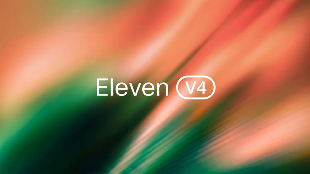 The image presents a vibrant abstract design with a gradient background that transitions from a soft peach/orange at the top to a darker green at the bottom. The design features a stylized text "Eleven V4" in white, centrally positioned. The text is slightly tilted to the right. The background is a blend of orange, gre
